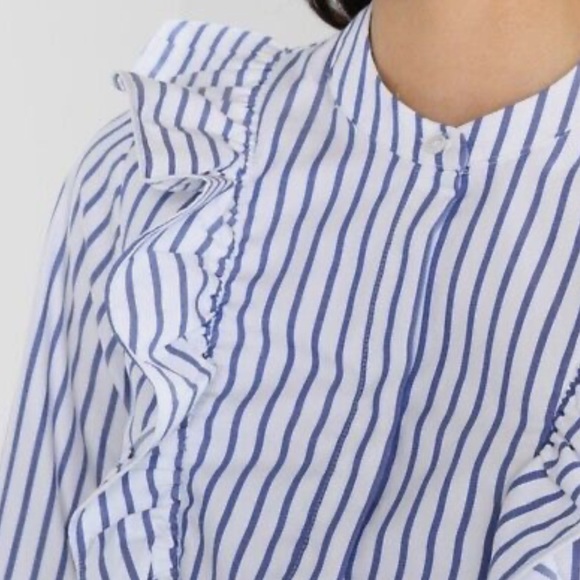 *NWOT* BANANA REPUBLIC Riley-Fit Ruffle V-Bib Buttondown Shirt, Blue Stripe — 10 - Picture 2 of 8